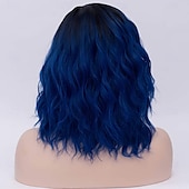 abordables Pelucas de fiesta-Pelucas negras y azules para mujeres niñas, peluca de cabello corto, rizado, ondulado, estilo bob, color azul oscuro, degradado, onda corporal, resistente al calor, sintética, para cosplay, fiestas