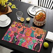 abordables Napperons et sous-verres et dessous de plat-sets de table de table à manger en lin série doodle art cat imperméables à l&#039;huile et isolés tapis de table à manger ménagers résistants à la chaleur imperméables à l&#039;huile et isolés tapis de table à