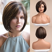 baratos Perucas Sintéticas sem Touca-Peruca bob marrom perucas de cabelo curto para mulheres destaque peruca sintética de fibra resistente ao calor com aparência natural de 10 polegadas