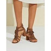 cheap Block Heels-Women&#039;s Brown Suede Tassel Ankle Strap Block Heel Sandals | Boho Chic Summer Footwear
