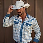 Men's Plaid / Check Western Shirt Cowboy Shirt Long Sleeve Vintage Western Style Tribal Outdoor Vacation Horse Race Spring & Summer Turndown Print Button-Down Blue4