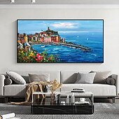 voordelige Schilderijen van landschappen-met de hand geschilderd mediterraan landschap olieverfschilderij op canvas impressionistisch schilderij van de middellandse zee canvas kunst getextureerde kustschildering muurkunst schilderij voor