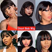 cheap Human Hair Capless Wigs-Human Hair Wig 8-30 inch  Straight Bang Wig Human Hair For Black Women  None Lace Front Wigs Machine Made Straight Wig Human Hair With Bang Natural Black