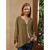 voordelige Overhemden-Dames Overhemd Blouse Katoenen linnen overhemden Effen Basic Lange mouw V-hals Lange tops Casual Dagelijks Zwart Wit Blozend Roze Leger Groen blauw Zomer Lente