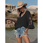 economico Top in Pizzo-Bluse Eleganti in Pizzo per Donna con Occhielli Camicia Boho a Maniche 3/4 Collo a V Petits Romantici da Indossare in Estate e Vacanza Nero Arancione Estate Primavera