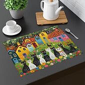 abordables Napperons et sous-verres et dessous de plat-sets de table de table à manger en lin série doodle art cat imperméables à l&#039;huile et isolés tapis de table à manger ménagers résistants à la chaleur imperméables à l&#039;huile et isolés tapis de table à