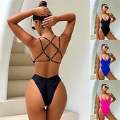 cheap One-piece swimsuits-Women's One Piece Swimsuit Sexy Cutout Monokini Tummy Control High Waist Slim Backless Vacation Beach Wear Solid Color V Neck Sleeveless Bathing Suits