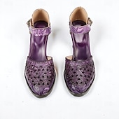 cheap 1950s-Women&#039;s Purple Vintage Cowhide Heels with Handcrafted Embossed Floral Patterns and Ankle Strap for Formal Occasions