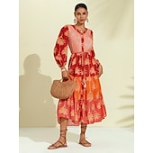 abordables robe décontractée imprimée-robe midi à fleurs et franges à col en V