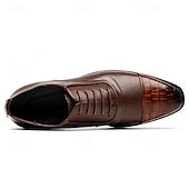 cheap Formal-Men&#039;s Brown Faux Leather Oxford Shoes with Crocodile-Patterned Toe Cap – Lace-Up Design, Stylish and Comfortable for Casual or Formal Occasions