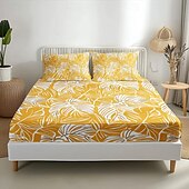 cheap Sheets &amp; Pillowcase-Leaves Spring Pattern Fitted Sheet Set 100% Cotton Ultra Soft Breathable Silky Bed Sheets Deep Pocket Bedding Sheets 3 Piece Queen King Size