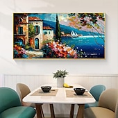 voordelige Schilderijen van landschappen-met de hand geschilderd mediterraan landschap olieverfschilderij op canvas impressionistisch schilderij van de middellandse zee canvas kunst getextureerde kustschildering muurkunst schilderij voor
