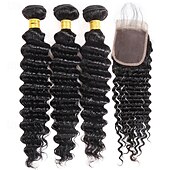 economico 4 ciocche di capelli veri tessitura-ishow capelli onda profonda fasci di capelli umani con chiusura frontale hd estensione del tessuto dei capelli brasiliani del merletto fasci di capelli 3/4 fasci di capelli con chiusura