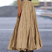 preiswerte Röcke-Langer Damenrock mit elastischer Taille, A-Linie, plissiert, cremefarben, leicht, lässig, Frühling/Sommer, vielseitige, fließende Hose