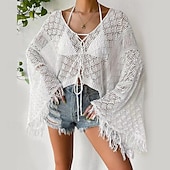 levne Krajkové topy-Ženské bílé elegantní krajkové topy blůza s očkovým designem sexy jednobarevný top s tkaničkou háčkovaný každodenní plážový top na dovolenou V-krk regular fit velikost one-size černá bílá khaki