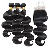 baratos 4 conjuntos de cabelo natural-Nadula cabelo hd fechamento de renda pacotes de onda corporal brasileira com fecho 4x4 fechamento de renda cabelo brasileiro feixes de tecelagem com fecho