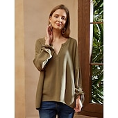 voordelige Overhemden-Dames Overhemd Blouse Katoenen linnen overhemden Effen Basic Lange mouw V-hals Lange tops Casual Dagelijks Zwart Wit Blozend Roze Leger Groen blauw Zomer Lente