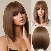 economico Parrucche trendy sintetiche-parrucca bionda castano bob ombre con frangia parrucche corte diritte naturali per donne parrucche sintetiche lunghe fino alle spalle per cosplay quotidiano
