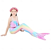 voordelige Zeemeermin badpak-Kinderen Voor meisjes Vijf stuk Zeemeermin zwemkleding Badmode Bikini Strand Zwemmen Regenboog Tie Dye leuke Style Badpakken 3-10 jaar Zomer Licht Blauw Kleurrijk