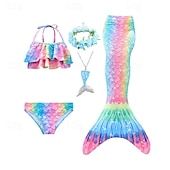 voordelige Zeemeermin badpak-Kinderen Voor meisjes Vijf stuk Zeemeermin zwemkleding Badmode Bikini Strand Zwemmen Regenboog Tie Dye leuke Style Badpakken 3-10 jaar Zomer Licht Blauw Kleurrijk