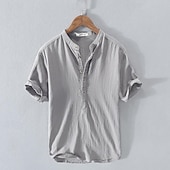 economico Casual da lavoro-Per uomo Camicia Camicia di lino Camicia in cotone e lino Camicia bianca di cotone Camicia con colletto cinese Camicia con colletto alla coreana Semplice Vacanza Streetwear Bianco Blu reale Grigio