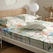 abordables Sábanas y funda de almohada-Juego de sábanas ajustables con patrón de primavera a rayas florales 100% algodón, sábanas sedosas y transpirables ultra suaves, sábanas con bolsillos profundos, tamaño queen king de 3 piezas