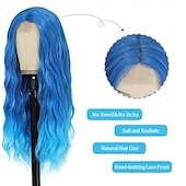 cheap Party Wigs-Blue Wig Long Blue Wavy Wigs for Women Middle Part Ombre Blue Wig 26 inch Natural Curly Synthetic Wig Heat Resistant Fiber Wigs for Daily Party Use Halloween Wigs