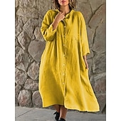 cheap Dresses-Women&#039;s Black White Yellow Summer Spring Midi Dress Linen-Inspired Dresses Shirt Dress Casual Dress Basic Modern Daily Weekend Loose Fit Plain Shirt Collar