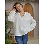 voordelige Overhemden-Dames Katoenen linnen overhemd Blouse Effen Basic Lange mouw V-hals Normale tops Werk Casual Knop Zak Zwart Wit Rood Khaki Grijs Zomer Lente