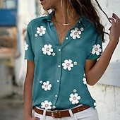 voordelige Dames grafische tops-dames casual bloemenprint overhemd korte mouw reverskraag blauwe regular fit mode blouse voor lente zomer dagelijks gebruik