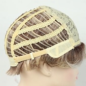 cheap Older Wigs-Blonde Short Wig with Bangs Layered Blonde Mix Brown Wigs for White Women Ash Blonde Wig with Dark Roots Short Hair Wigs for Women Synthetic Natural Looking Wig for Daily
