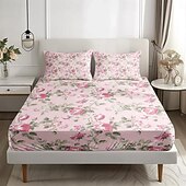 baratos Lençóis e fronhas-feliz dia das mães 100% algodão rosa primavera padrão conjunto de lençóis ultra macios e respiráveis lençóis de seda lençóis de cama com bolso profundo 3 peças queen king size