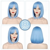 baratos Perucas de festa-perucas bob azuis para mulheres peruca de cabelo curto com franja perucas bob retas com parte do meio perucas sintéticas macias e cheias para uso diário em festas perucas de carnaval de 14 polegadas