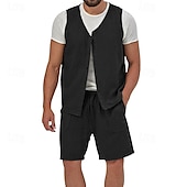 cheap Holiday-Men&#039;s Linen Shorts Summer Shorts Beach Shorts Set Pocket Drawstring Elastic Waist Plain Comfort Breathable Short Holiday Vacation Beach Hawaiian Boho Black Yellow