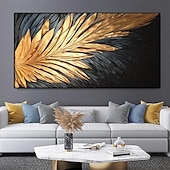 preiswerte Abstrakte Gemälde-Handgemaltes abstraktes Federölgemälde auf Leinwand, handgemaltes modernes Wandgemälde in Gold und Schwarz für Wohnzimmer, Schlafzimmer, Wanddekoration, individuell strukturiertes Gemälde