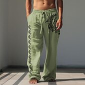 billiga Semester-Herr Fisk Linne Byxor Byxor Säckiga byxor Medium Midja Hawaiisk Resort stil Utomhus Dagliga kläder Streetwear Elastisk dragsko-design Höst vinter Svart Blå Grön