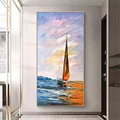 tanie Pejzaże-mintura ręcznie robione obrazy olejne z krajobrazem łodzi na płótnie dekoracje ścienne nowoczesne abstrakcyjne obrazy statków do wystroju domu walcowane, bezramowe, nierozciągnięte malarstwo