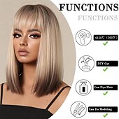 economico Parrucche trendy sintetiche-parrucca bionda castano bob ombre con frangia parrucche corte diritte naturali per donne parrucche sintetiche lunghe fino alle spalle per cosplay quotidiano