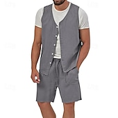 cheap Holiday-Men&#039;s Linen Shorts Summer Shorts Beach Shorts Set Pocket Drawstring Elastic Waist Plain Comfort Breathable Short Holiday Vacation Beach Hawaiian Boho Black Yellow