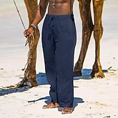 cheap Holiday-Men&#039;s Linen Pants Trousers Summer Pants Beach Pants Pocket Drawstring Elastic Waist Plain Comfort Breathable Daily Holiday Vacation Hawaiian Boho Black White
