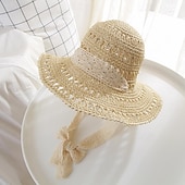 economico Cappelli di paglia-cappello a secchiello all&#039;uncinetto cavo nastro di pizzo cravatta a tesa larga cappello da sole in paglia traspirante eleganti cappelli da spiaggia da viaggio per ombrellone per donna