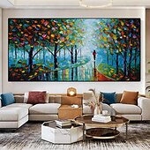 abordables Peintures paysages-peinture au couteau à pattle couple peint à la main avec parapluie marchant sous les lumières arbres effet de peinture à l&#039;huile retrousser l&#039;art de la toile peinture d&#039;art mural peinture de paysage
