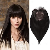 baratos Franjas-Topper de cabelo de 14 polegadas para mulheres com cabelos ralos, perucas toppers para cabelos ralos com franja, cobertura de base grande, topper de cabelo sintético, prendedores de cabelo, marrom