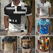 cheap Men&#039;s Color Block Polo-Men&#039;s Plaid Waffle Polo Shirts Golf Shirt Short Sleeve Polo Shirts Collared Shirts Vintage Casual Vacation Wear Formal Wear Festival Wear Buttons 3D Print Light Yellow Light Pink Black-White