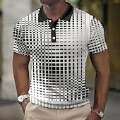 cheap Men&#039;s Color Block Polo-Men&#039;s Plaid Waffle Polo Shirts Golf Shirt Short Sleeve Polo Shirts Collared Shirts Vintage Casual Vacation Wear Formal Wear Festival Wear Buttons 3D Print Light Yellow Light Pink Black-White