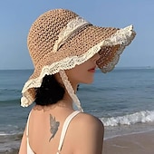 billige Halmhatt-elegant beige/khaki stråhatt med snørebånd bred rand volangsolhatter pustende reisestrandhatter for kvinner jenter sommer utendørsferie