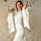 abordables robes de mariée décontractées-Robe de Mariage Boho à Dos Ouvert de Plage Robe de Mariage Simple Sirène Col en V Manches Longues Train Sweep  Brush Dentelle Robes de Mariée Avec Motif 2025