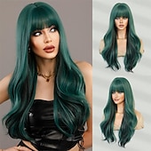 economico Parrucche trendy sintetiche-lunghe parrucche ondulate viola con frangia 26 pollici ricci sintetici parrucche ombre resistenti al cuore per le donne cosplay di feste quotidiane usate