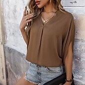 voordelige Vrouwen Werk Tops-Overhemd Blouse Dames Bruin Effen Sexy Straat Dagelijks Modieus V-hals Normale pasvorm S