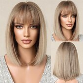 economico Parrucche trendy sintetiche-parrucca bionda castano bob ombre con frangia parrucche corte diritte naturali per donne parrucche sintetiche lunghe fino alle spalle per cosplay quotidiano
